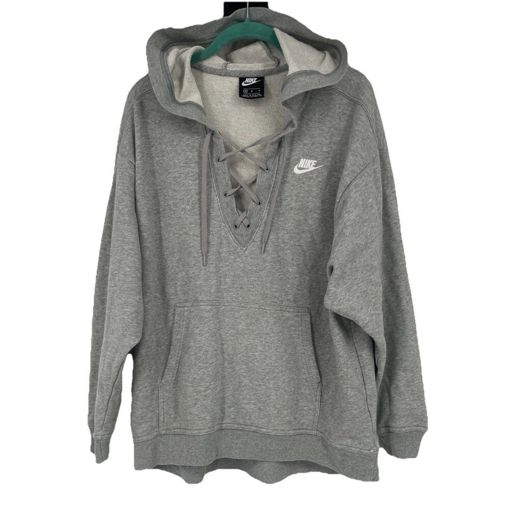 Nike Gray Pullover Lace Up Hooded Sweatshirt Hoodie Embroidered Medium